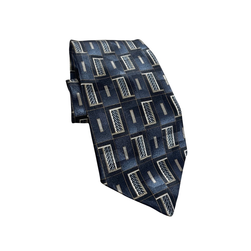 David Taylor Mens Geometric Navy Blue Silver Gold Polyester Necktie NWT